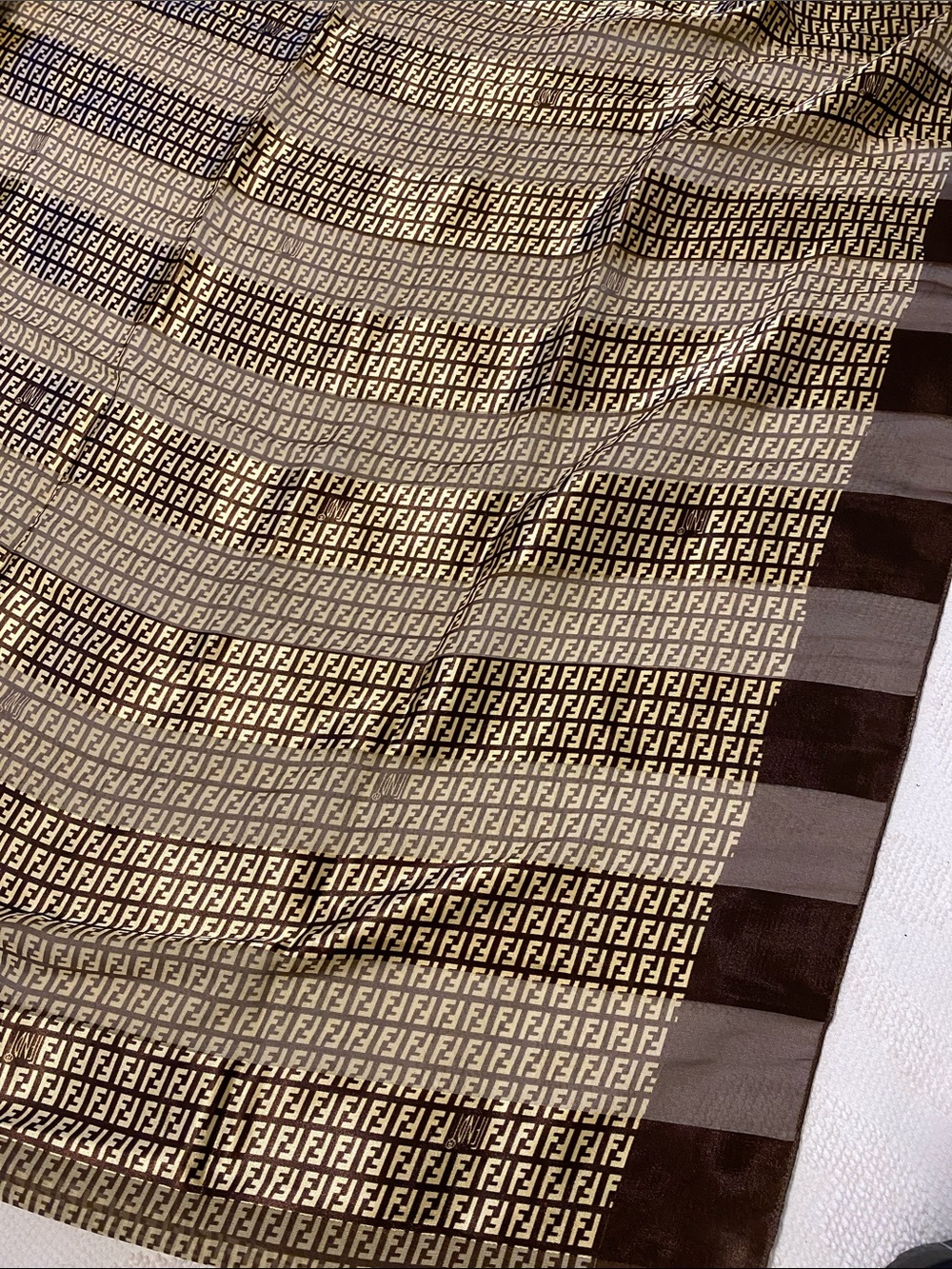 Fendi Beige and Brown FF Logo Silk Scarf, normal wear,  part of tag removed
